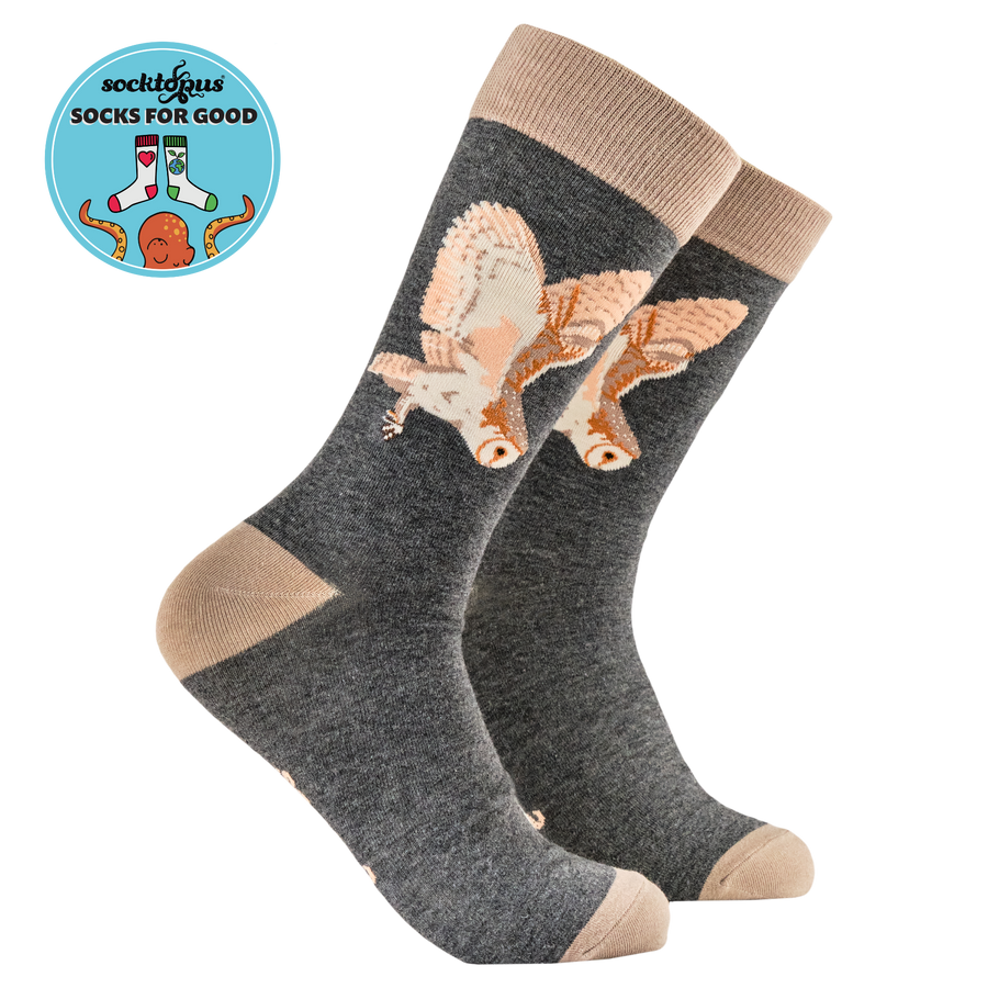 Owl Socks - Socktopus X Robert E Fuller. A pair of socks with an owl motif. Grey legs, brown heel, toe and cuff. 