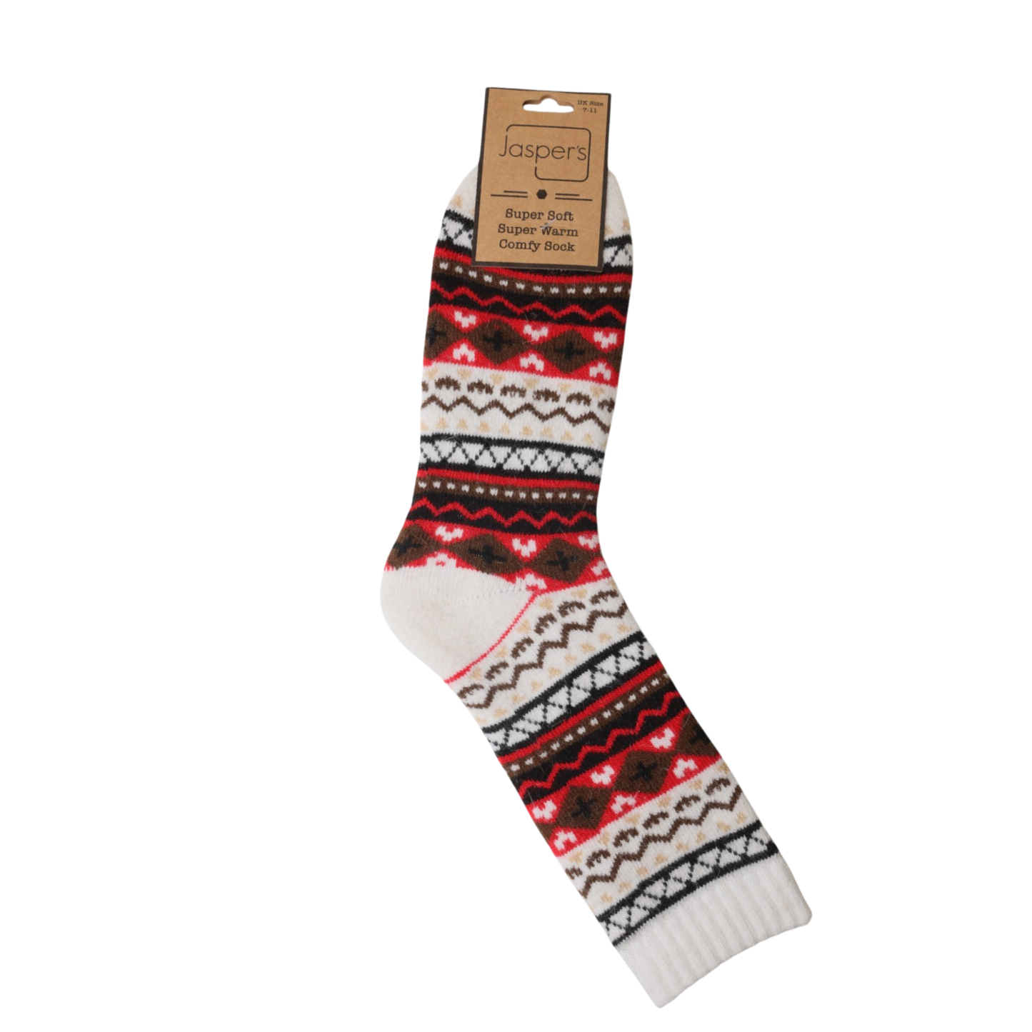 Patterned sock with visible brand label on a white background