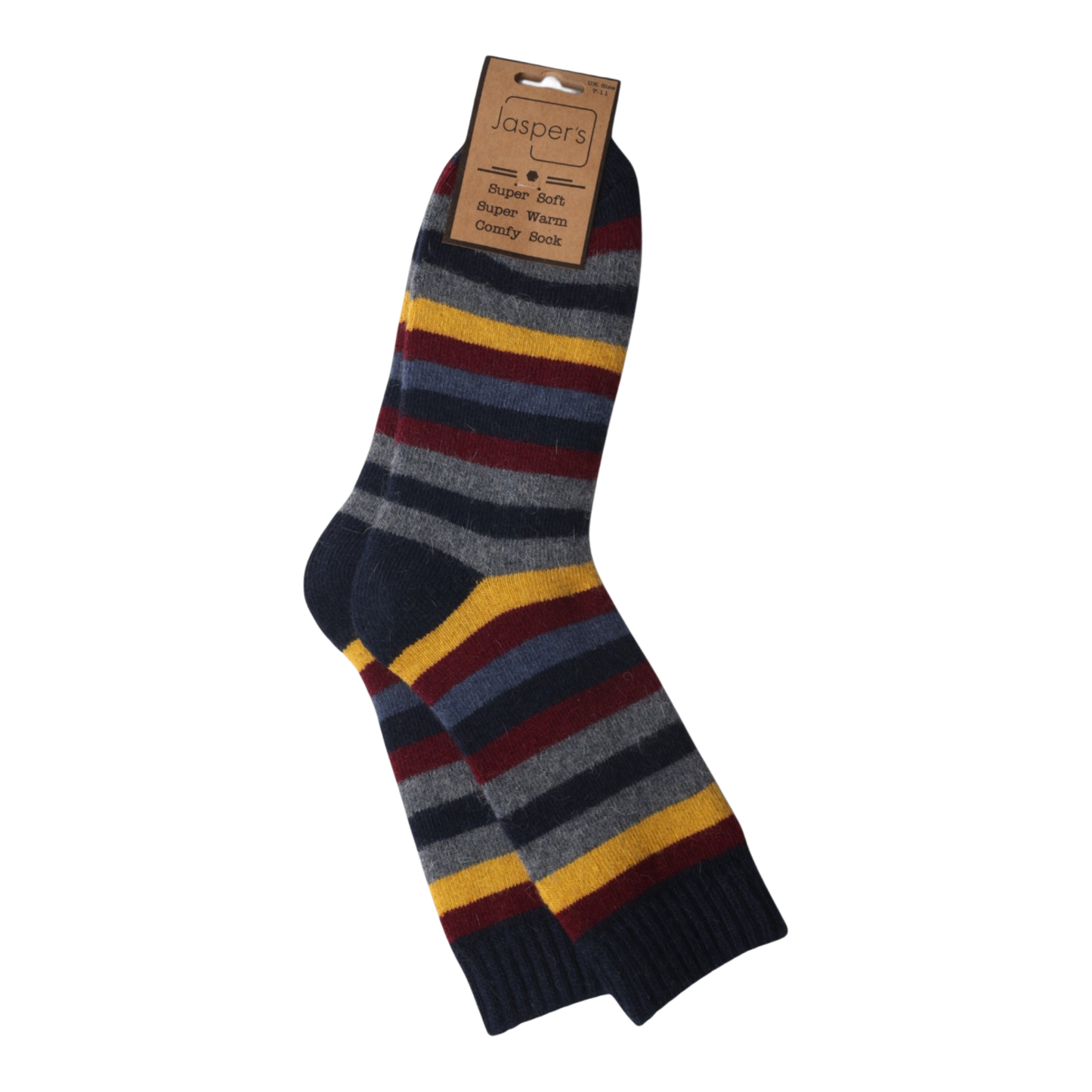 Striped sock with a Jasper's brand tag on a white background