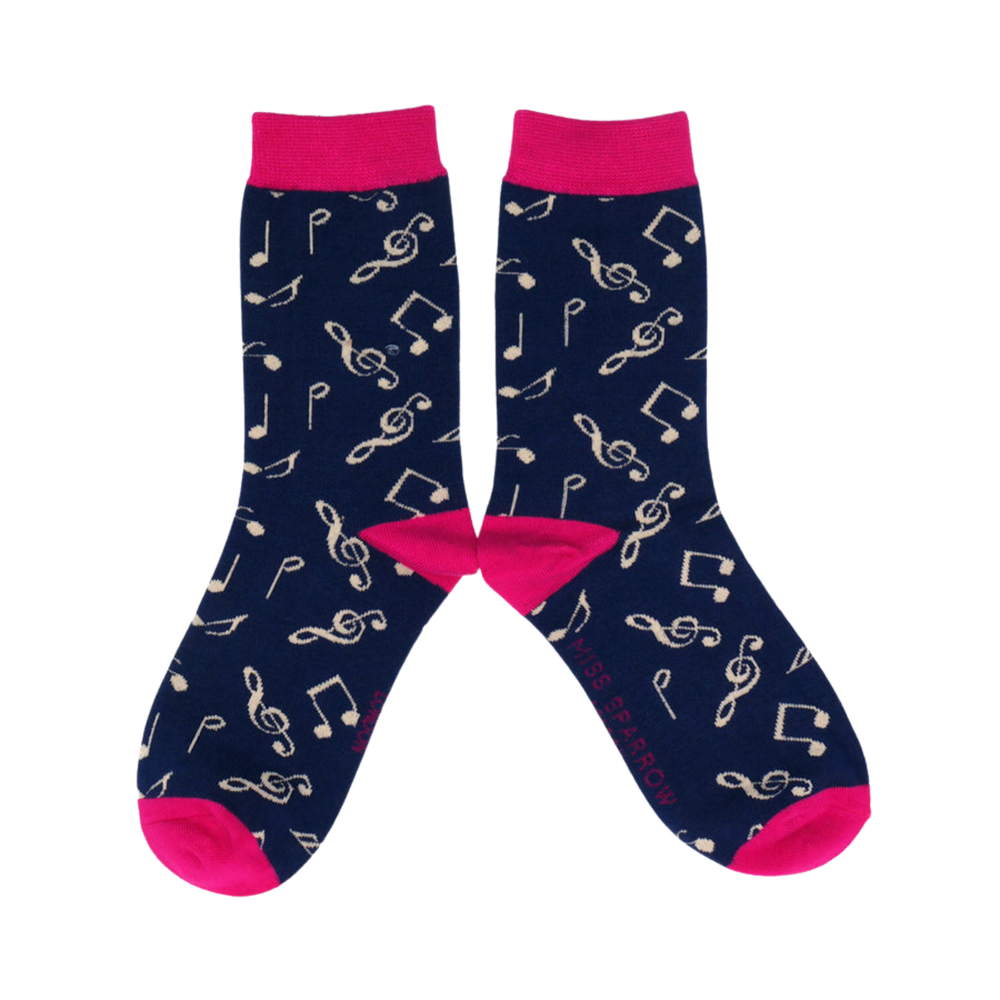 
                      
                        Music Notes Bamboo Socks. A pair of socks with a music note motif. Dark blue legs, bright pink heel toe and cuff. 
                      
                    