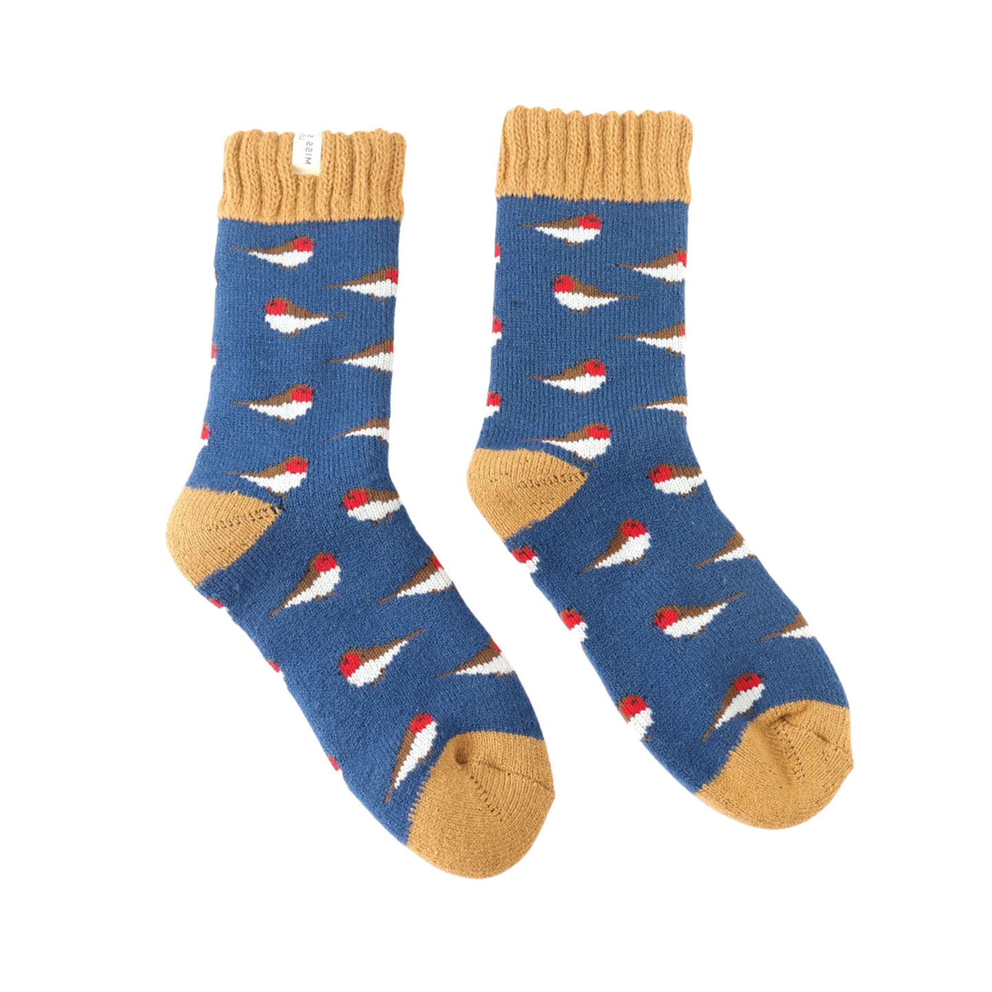 A pair of winter socks depicting little robbins. Yellow heel, toe and cuff. 
