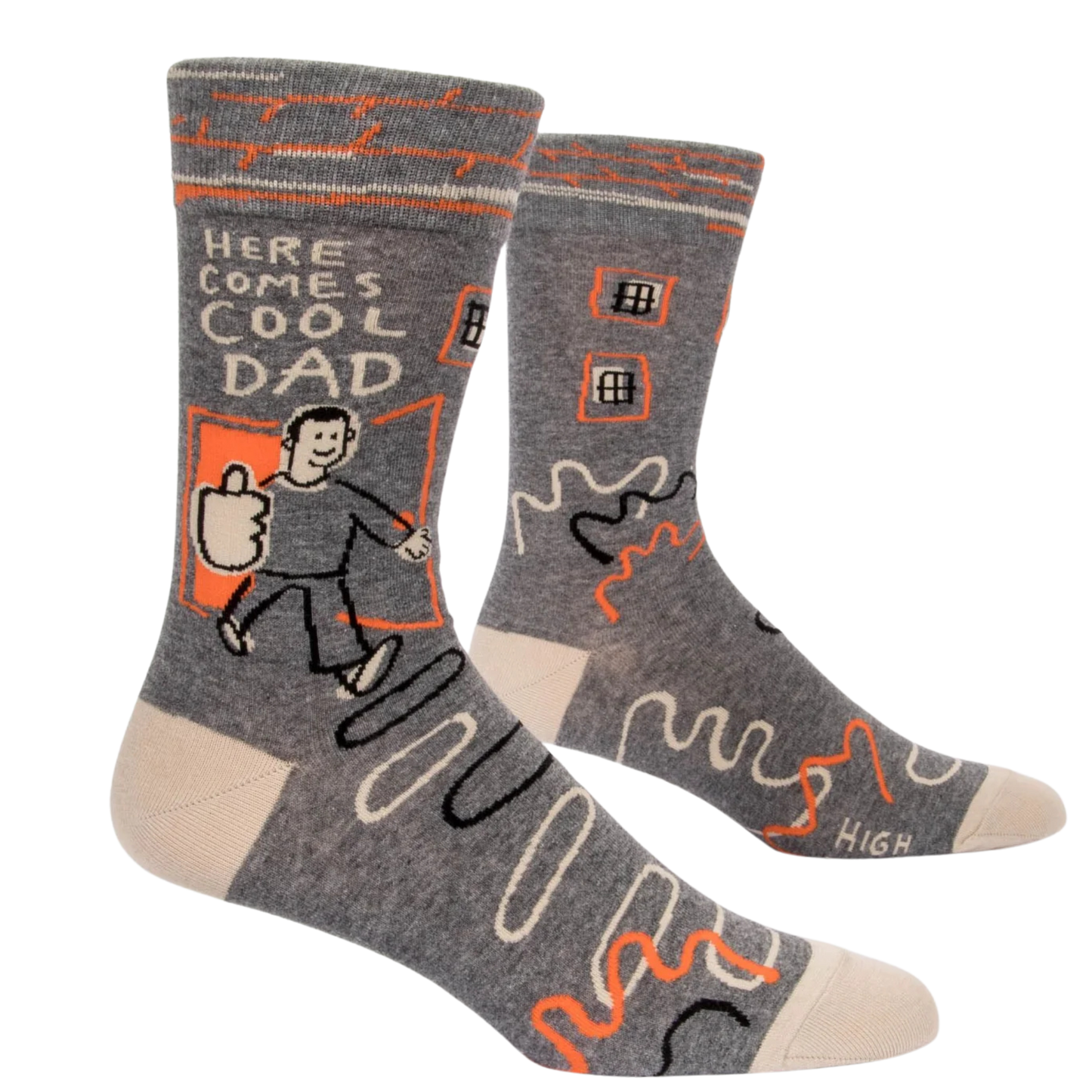 Here Comes Cool Dad Socks. A pair of socks featuring a cool dad motif. Grey legs, cream heel, toe and cuff. 