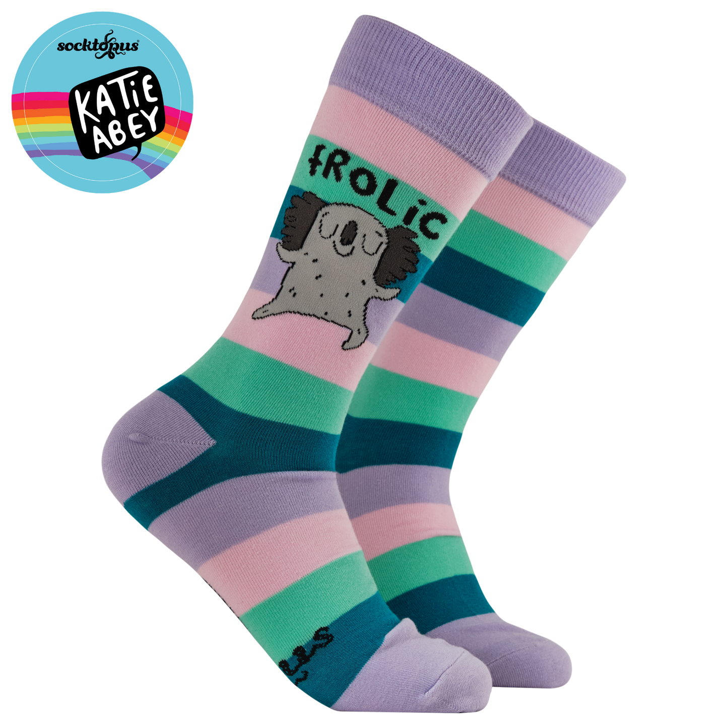 Colorful striped sock with dog illustration and 'Katie Abey' branding on a white background