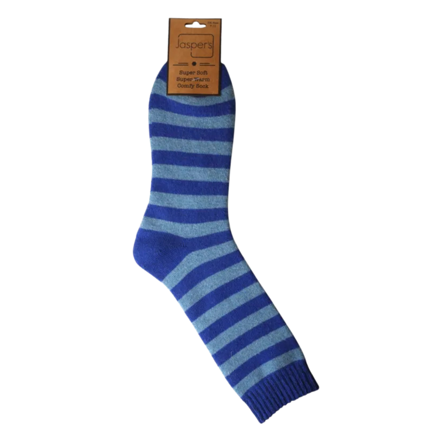 Blue and gray striped sock with a Jasper's label on a white background