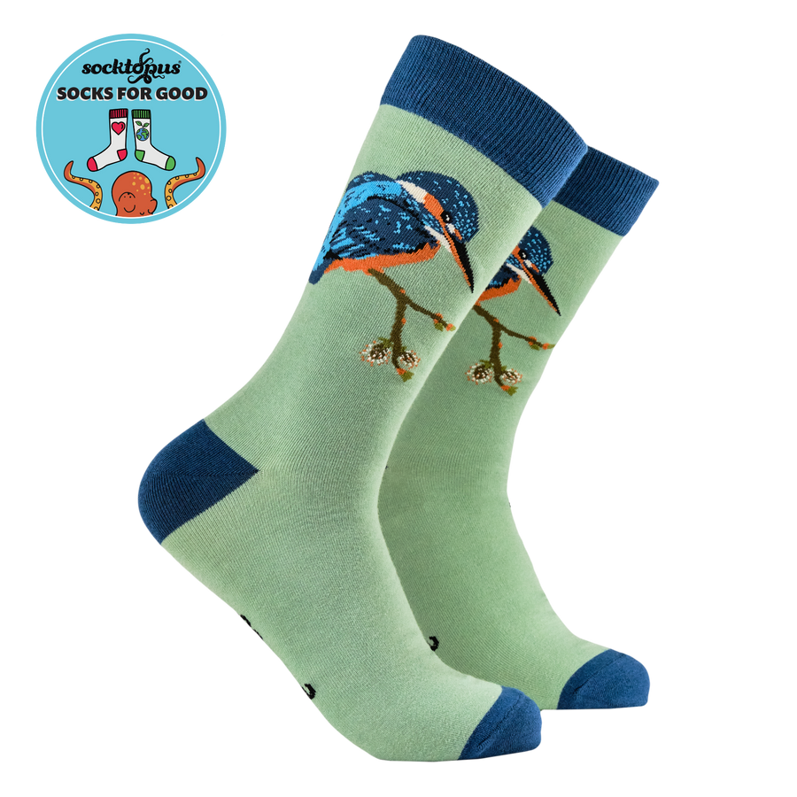 Bird Socks - Socktopus X Robert E. Fuller. A pair of socks with a kingfisher motif. Green legs, blue heel, toe and cuff. 