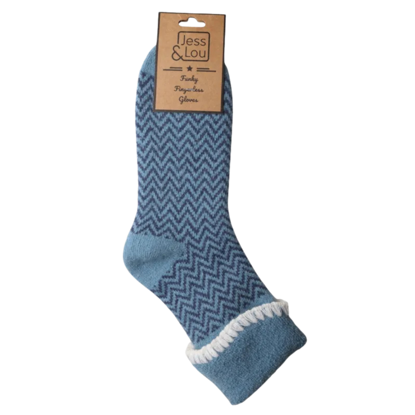 Blue chevron-patterned sock with white trim on a white background, featuring a Less & Lou label.