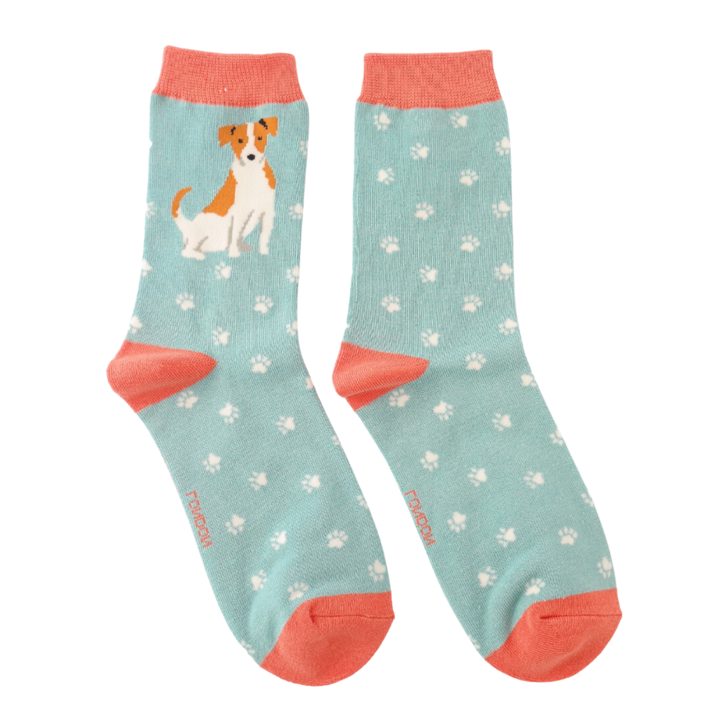 Cute Jack Russells Bamboo Socks. A pair of socks featuring a cute jack russell. Light blue legs, peach heel, toe and cuff. 