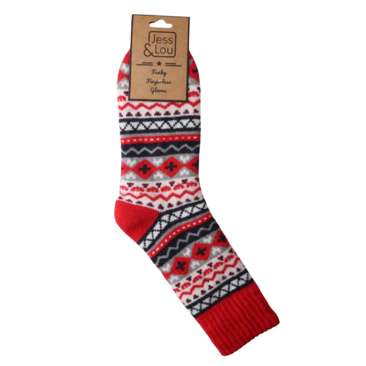 Red, white, and blue patterned sock with 'Jess & Lou' packaging on a white background