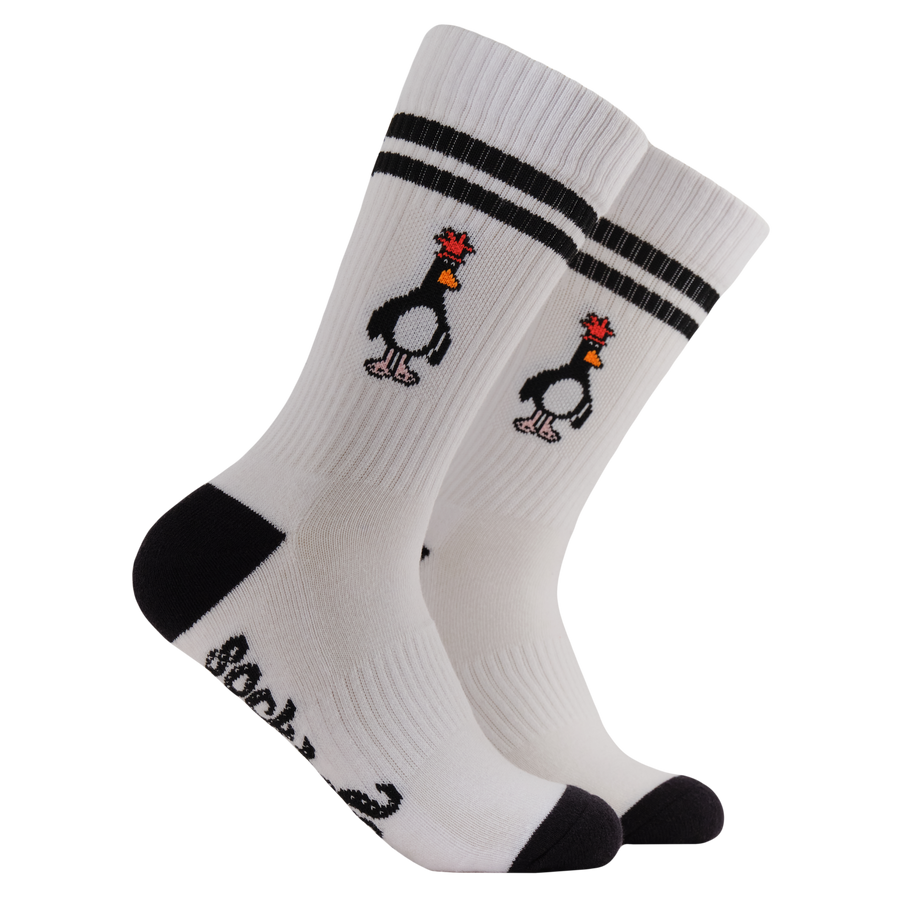 Feathers McGraw Athletic Socks - Socktopus X Wallace & Gromit. A pair of white socks featuring Feathers McGraw. Black heel and toe.