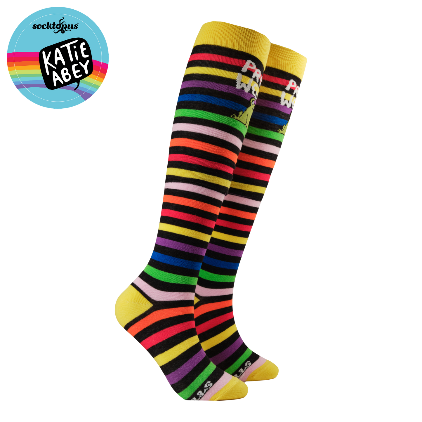 Colorful striped knee-high socks with a brand logo in the corner.