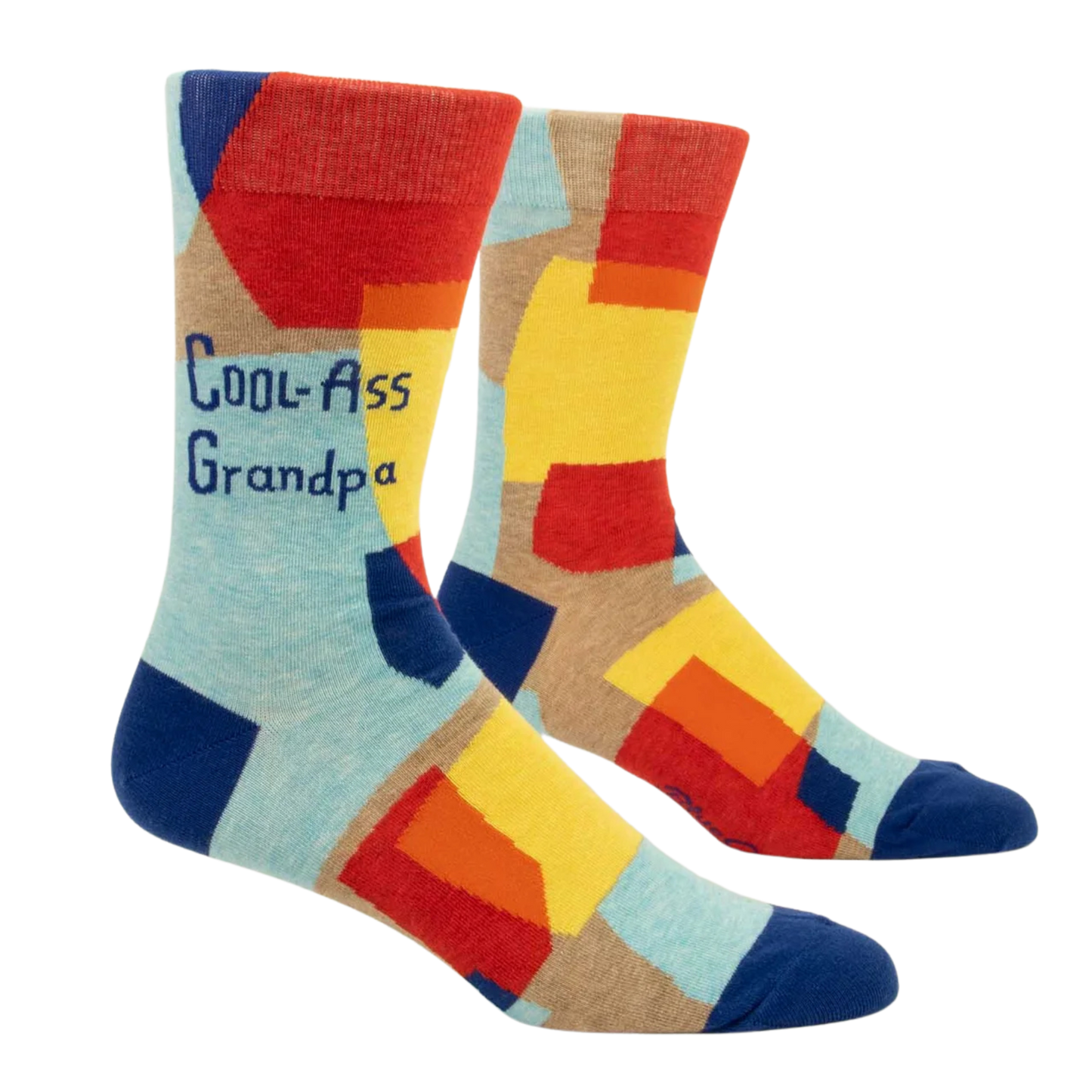 Cool-Ass Grandpa Socks. A pair of socks featuring a cool grandpa slogan. With an abstract, multicoloured pattern.  