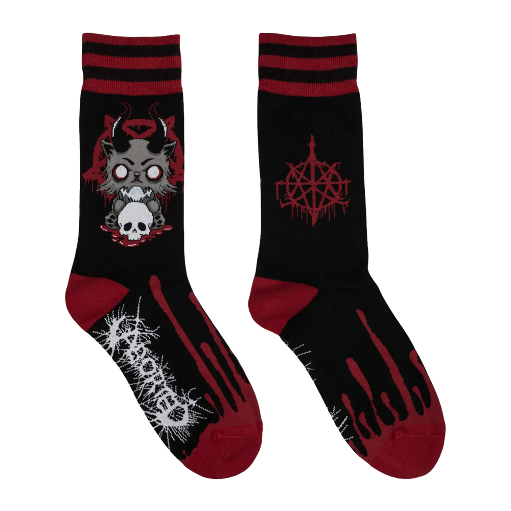 FootClothes x Aborted Death Kitty. A pair of socks featuring a creepy kitty. Black legs, red heel, toe and cuff. 