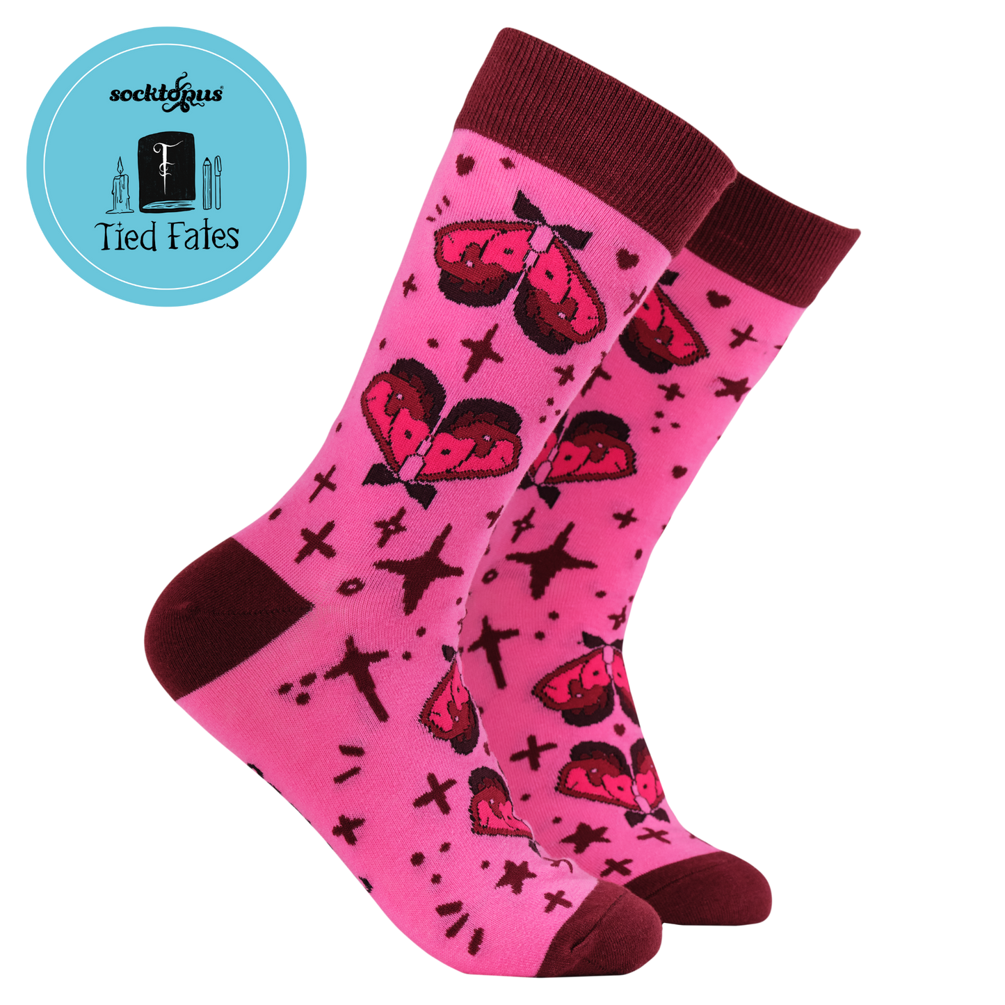 Moth Socks - Tied Fates X Socktopus. A pair of socks in collaboration with Tied fates. Moth pattern and pink details. 