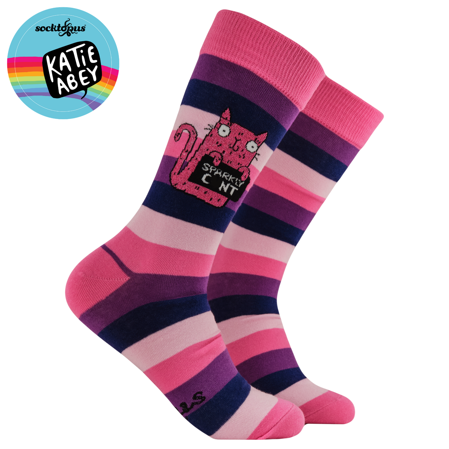 Pink and purple striped socks with a cat graphic and text, branded with Katie Abey.