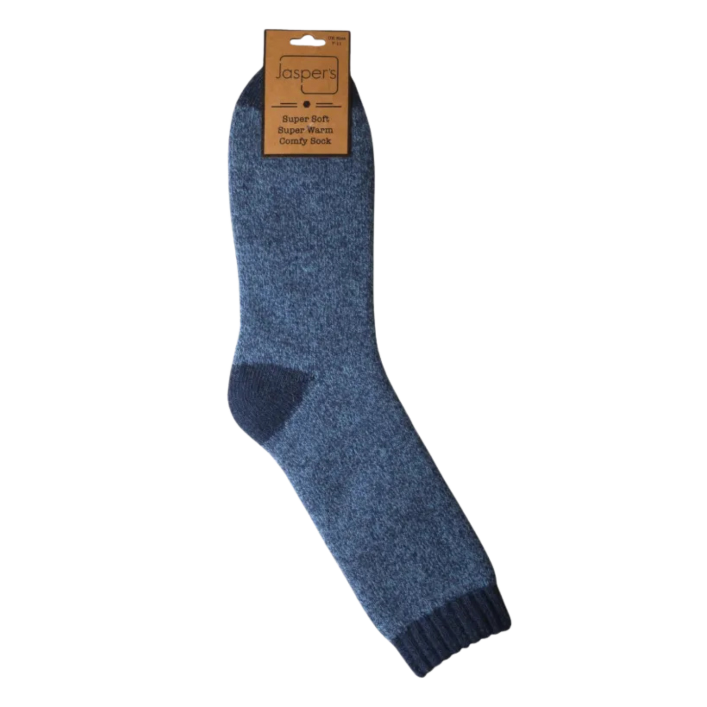 Blue sock with a brown label on a white background