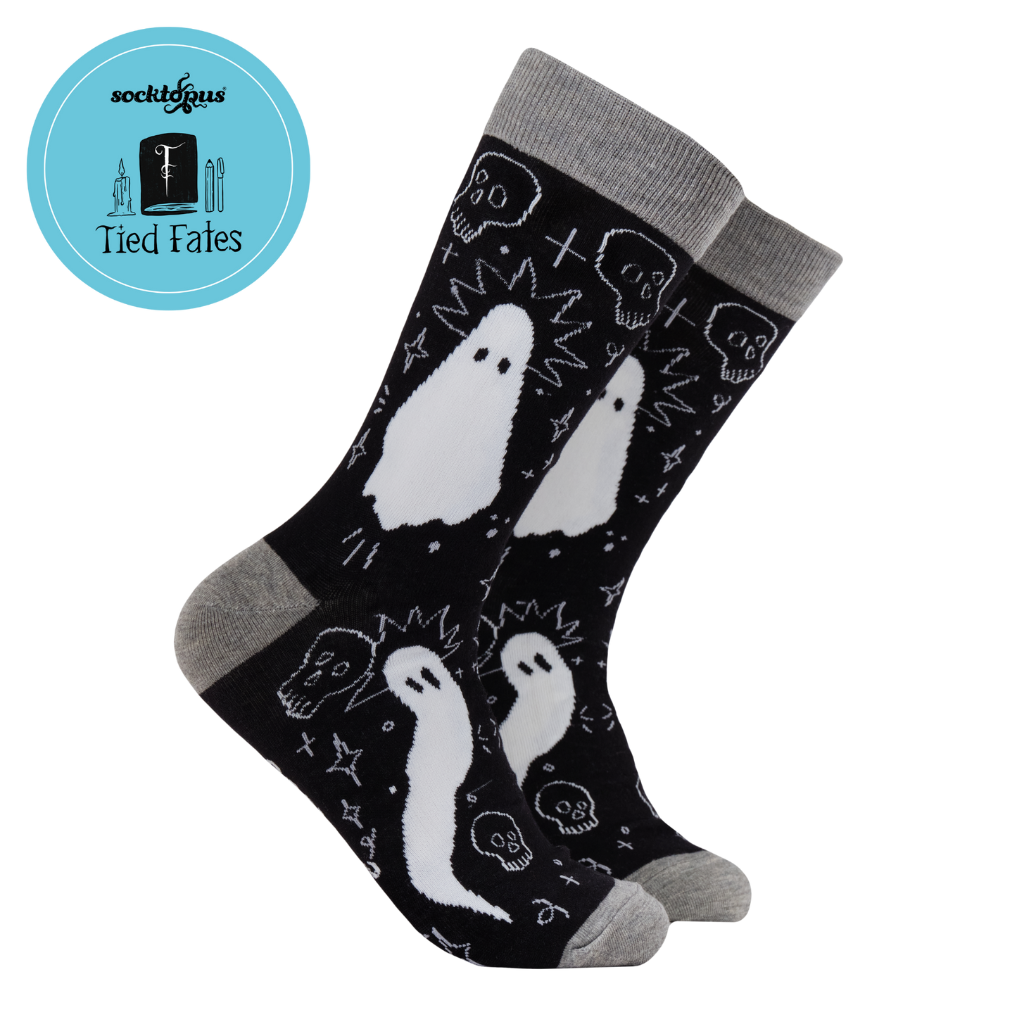 Ghost Socks - Tied Fates X Socktopus. A pair of socks with a ghost motif. Black legs, grey heel, toe and cuff. 
