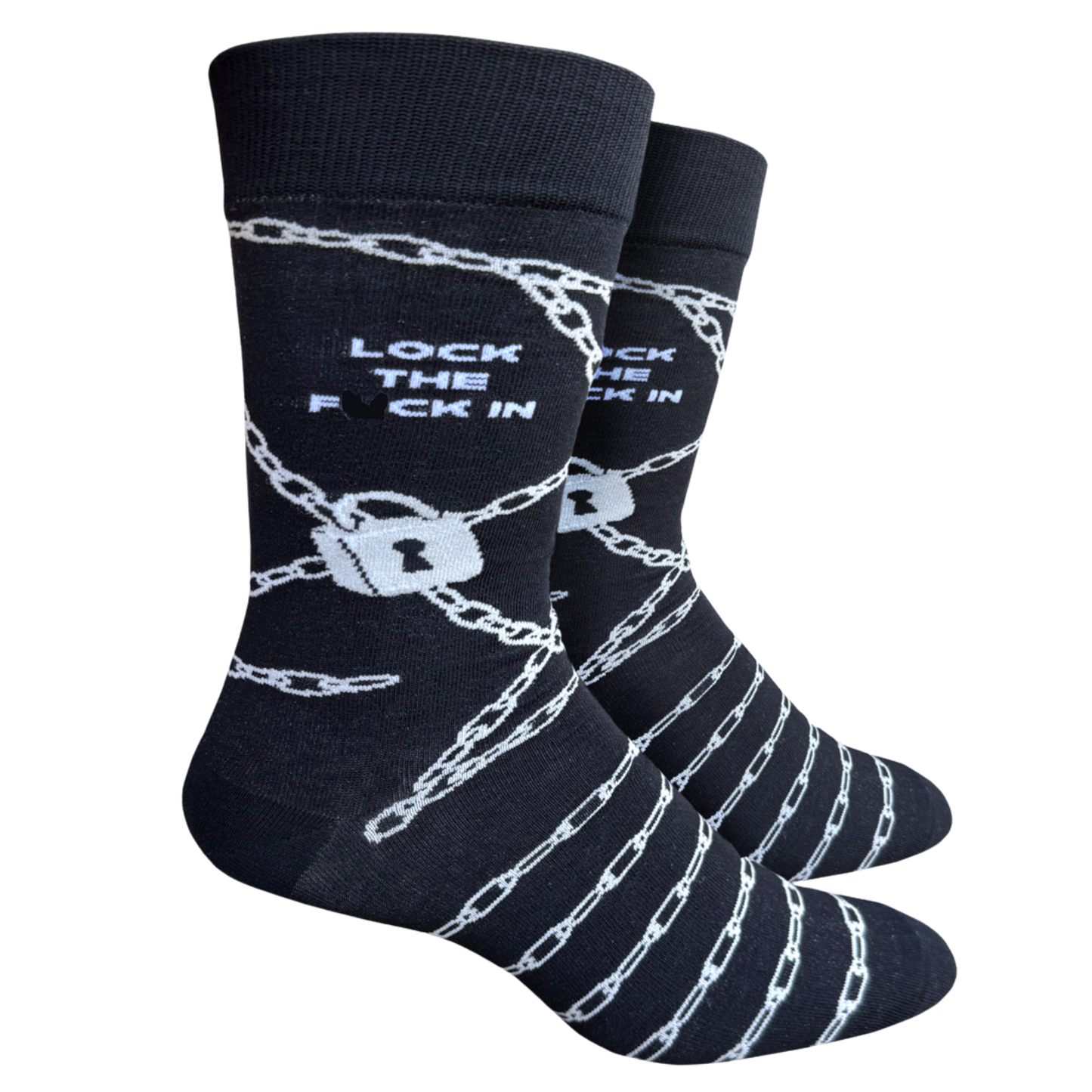 Black socks with chain design and text on a white background
