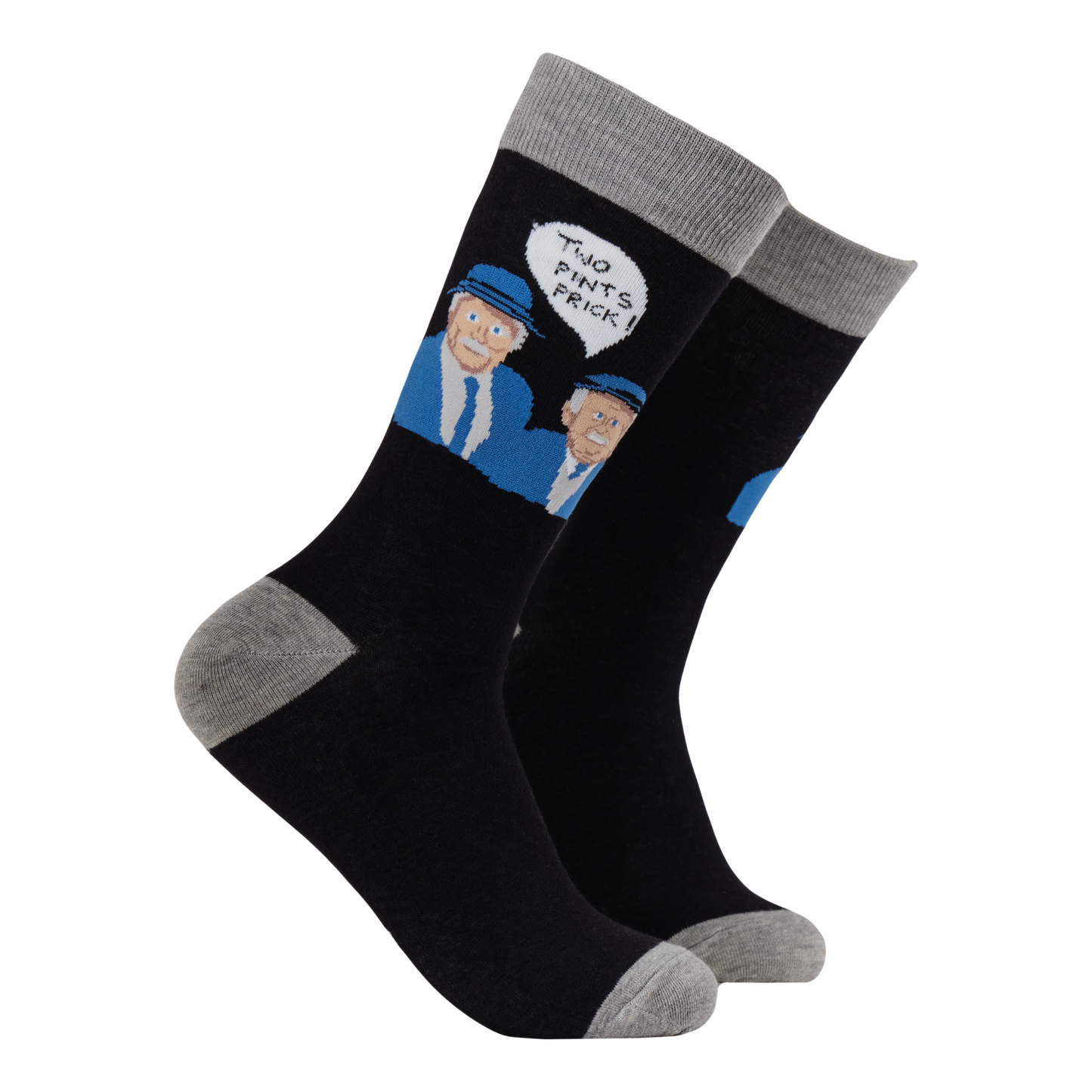 Two Pints Prick Socks. A pair of socks with a pub theme. Black legs, grey heel, toe and cuff. 