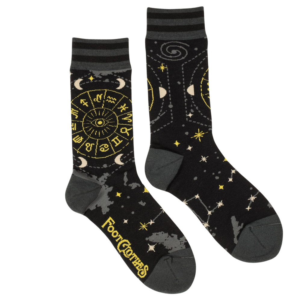 Astrology Socks. A pair of socks featuring astrology symbols. Black legs, grey heel, toe and cuff. 