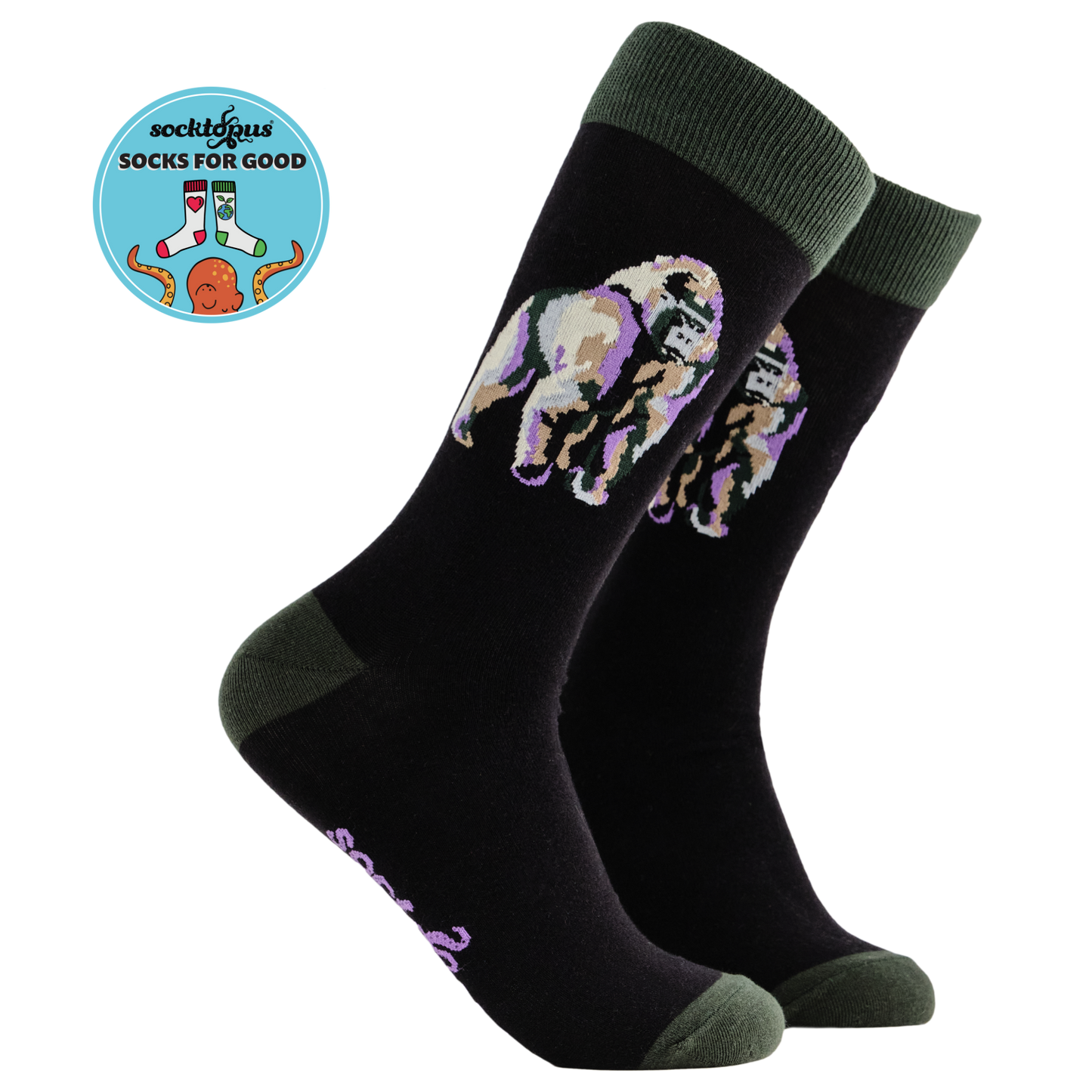 A pair of socks depicting a silverback gorilla. Black legs, green cuff, heel and toe.