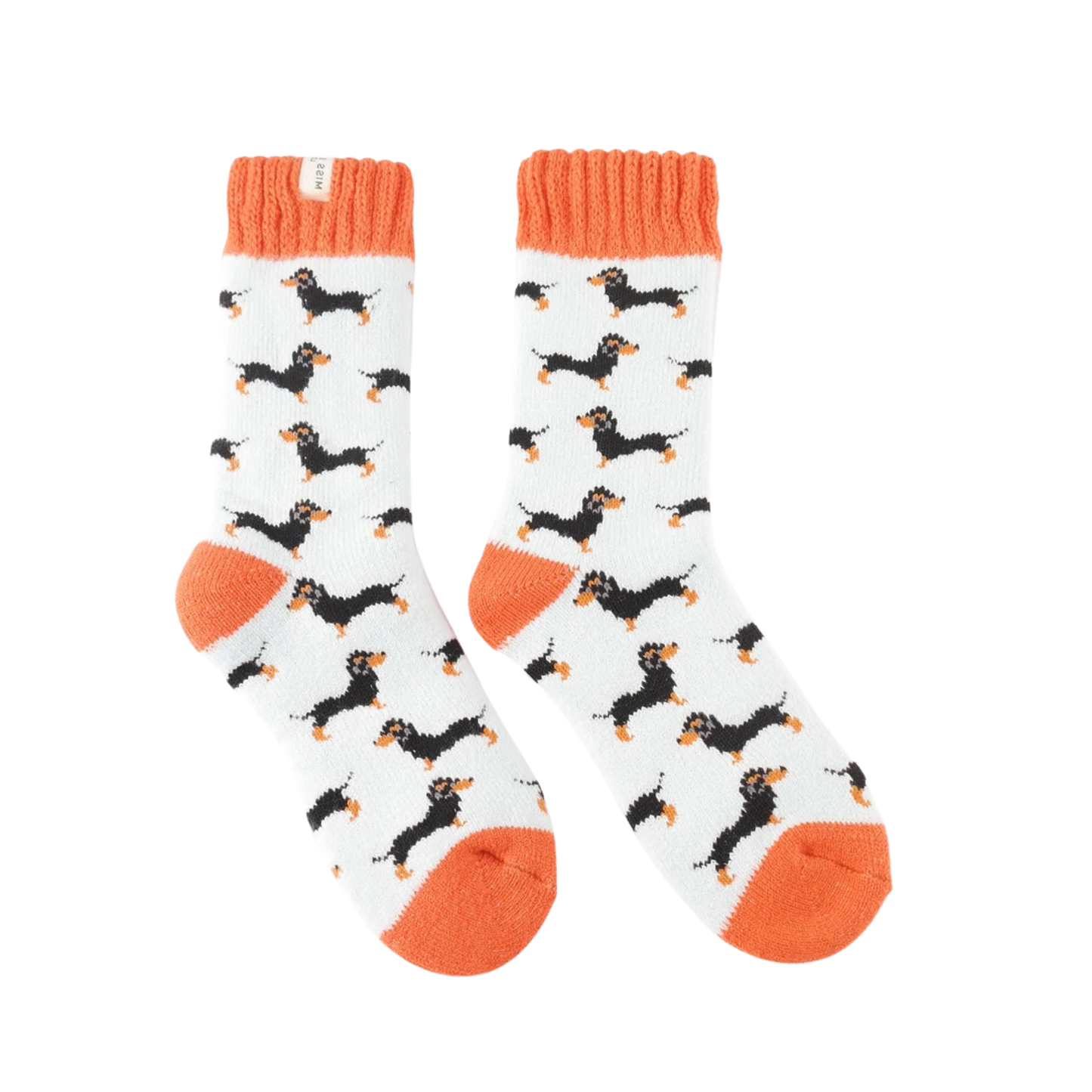 A pair of winter socks depicting sausage dogs. Orange toe, heel and cuff. 