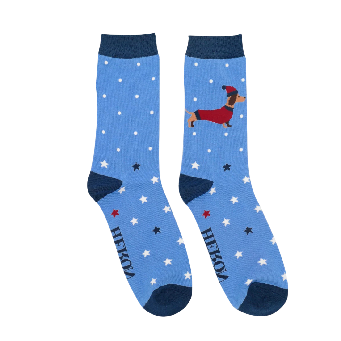 A pair of socks depicting a festive sausage dog with a star pattern. Blue legs, dark toe, heel and cuff. 