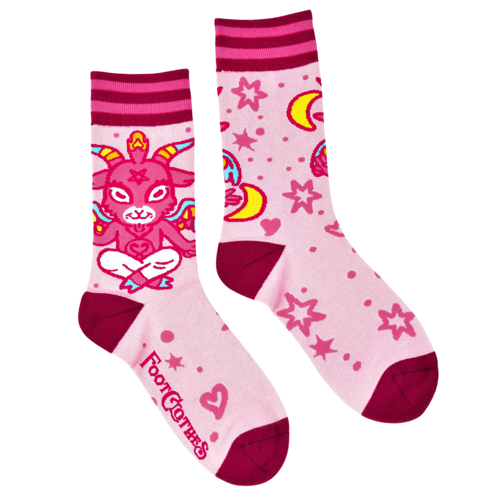 Cute Baphomet Socks. A pair of socks featuring a cute little devil. Pink legs, bright pink heel, toe and cuff. 