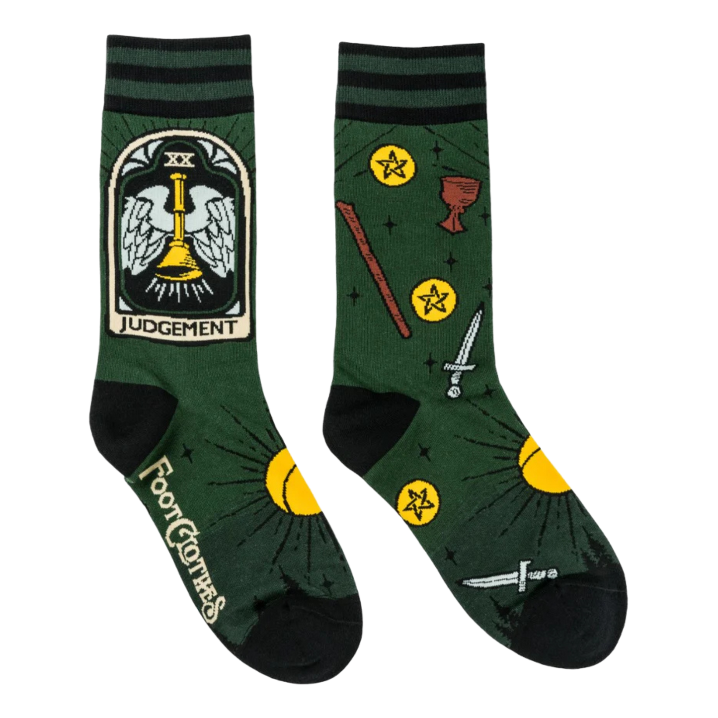 Judgement Tarot Nouveau Crew Socks. A pair of socks featuring tarot cards and symbols. Green legs, black heel, toe and cuff. 