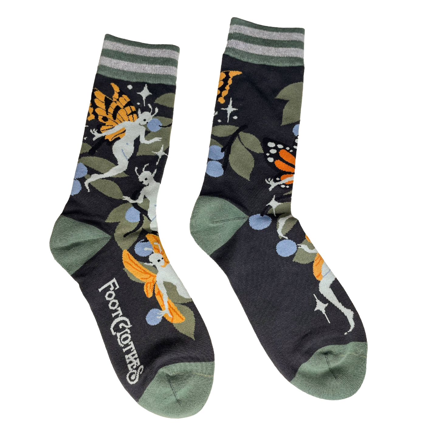 Fanciful Fairies Crew Socks. A pair of socks featuring fairies. Black legs, green heel, toe and cuff. 