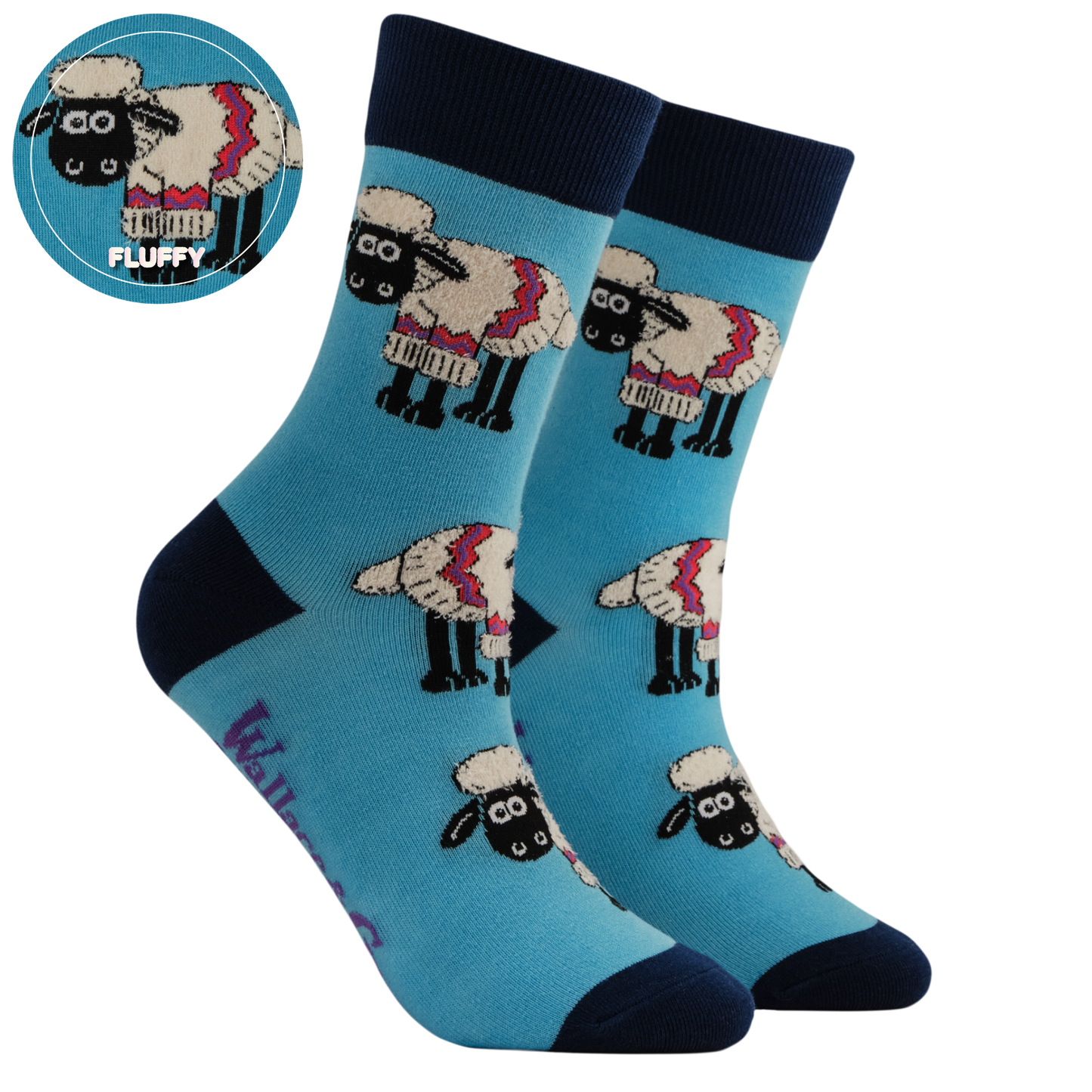 Blue socks with sheep design and 'Fluffy' branding on a white background