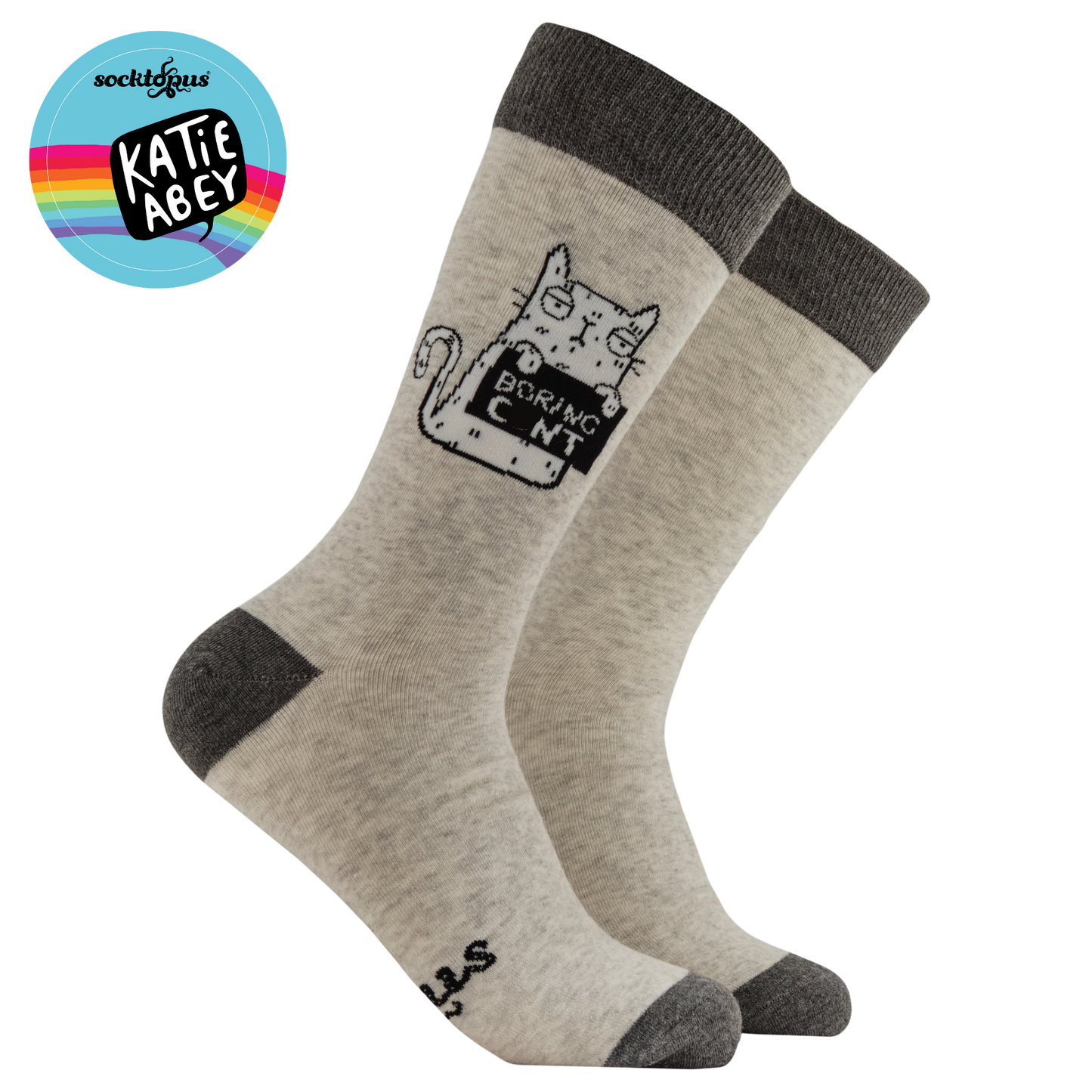 Gray socks with black accents featuring a graphic design, branded with 'Katie Abey' on a white background.
