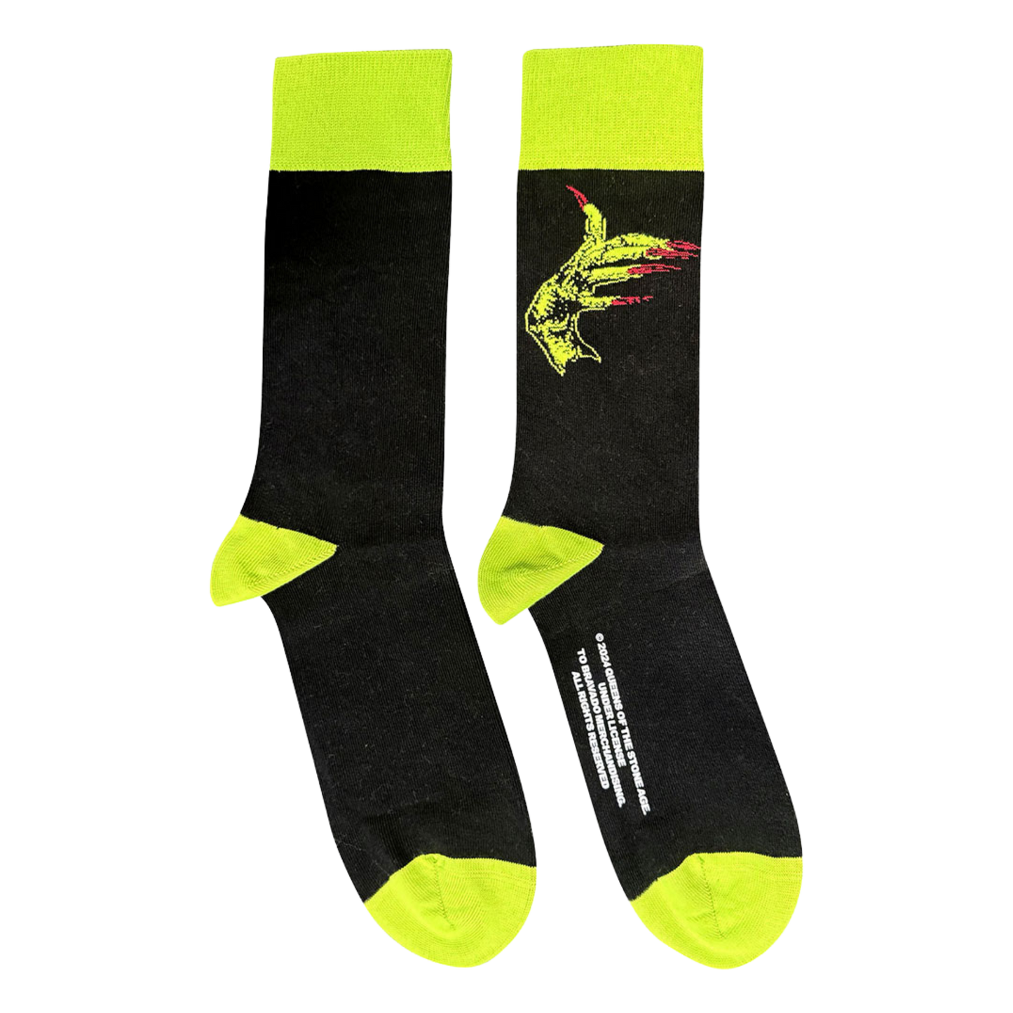 Black socks with green accents and a graphic design on a white background