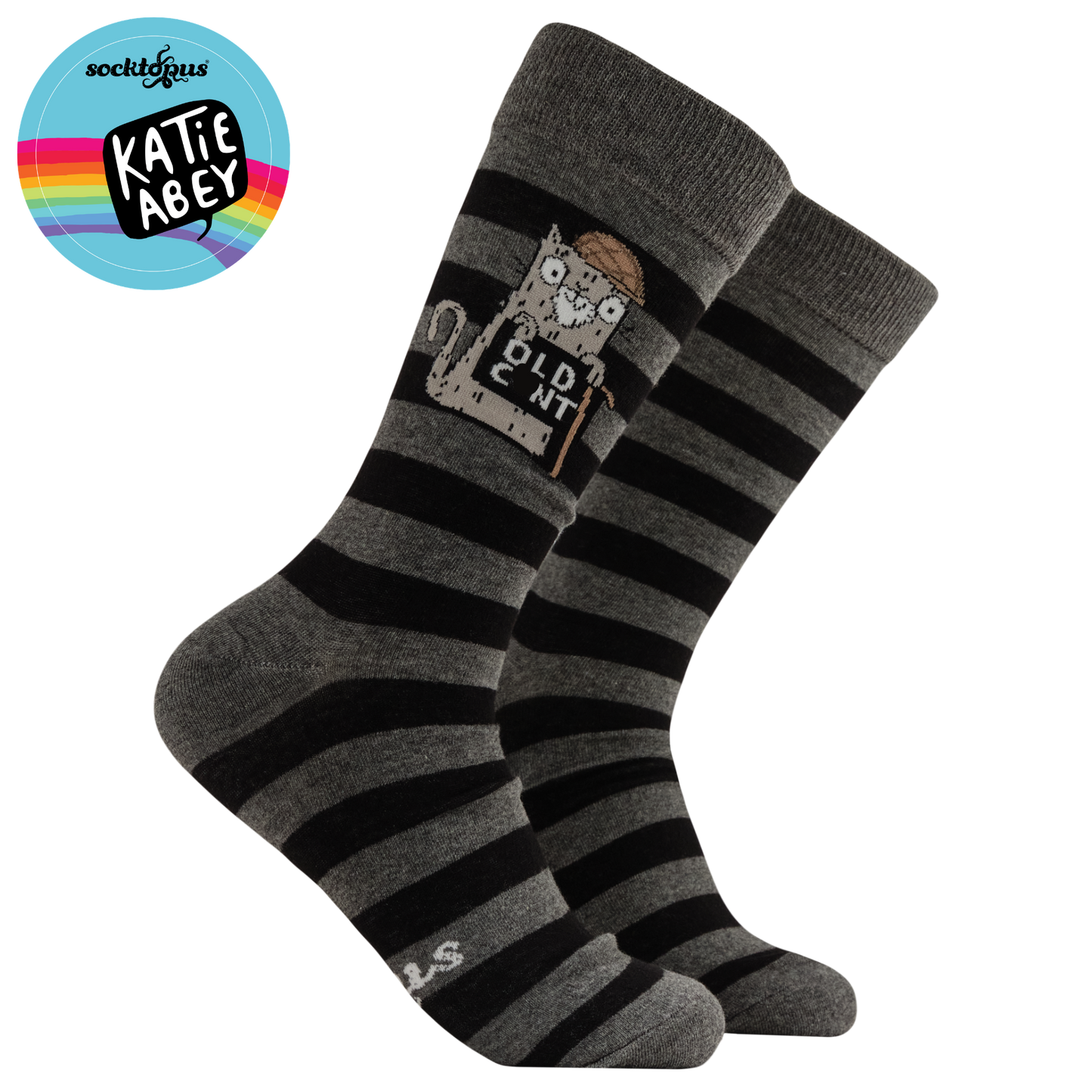 Gray and black striped socks with a cartoon character on a white background, featuring the brand 'Katie Abey'.