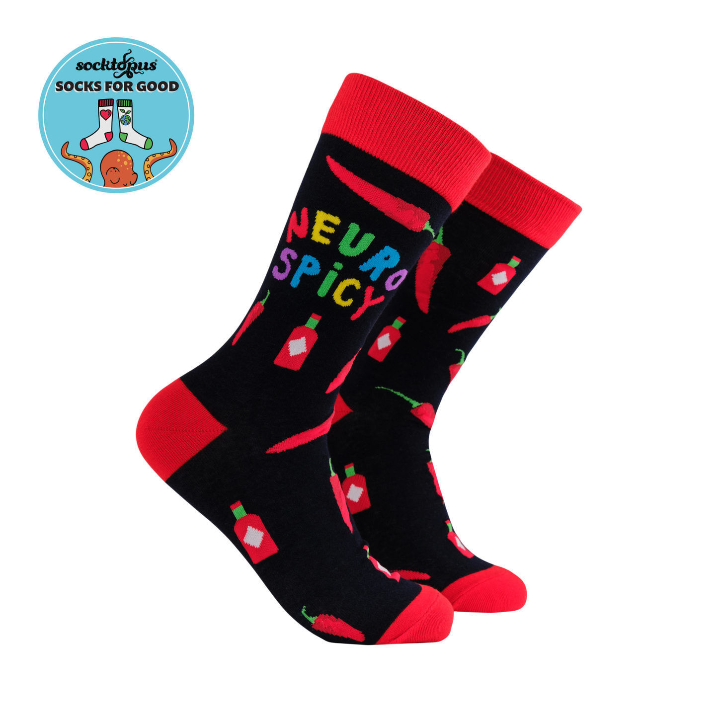 Neuro Spicy Socks. A pair of socks that celebrate your spicy brain. Black legs, red heel, toe and cuff. 