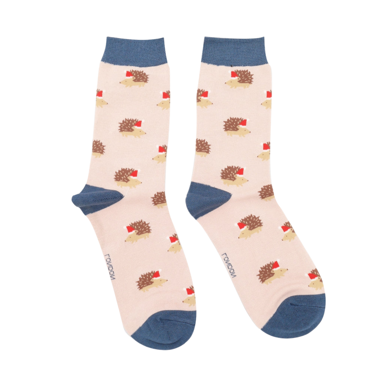 A pair of socks depicting a festive hedgehog pattern. Pink legs, blue heel, toe and cuff. 