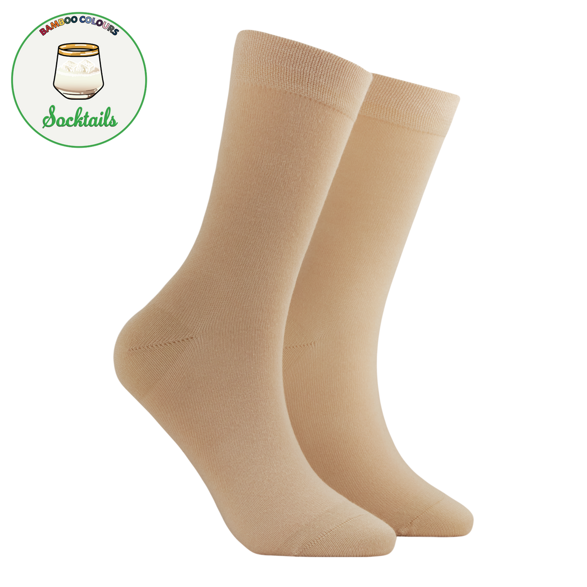 A pair of light beige crew socks shown on invisible forms against a plain white background, with a circular 'Bamboo Colors Socktails' logo in the top-left corner.