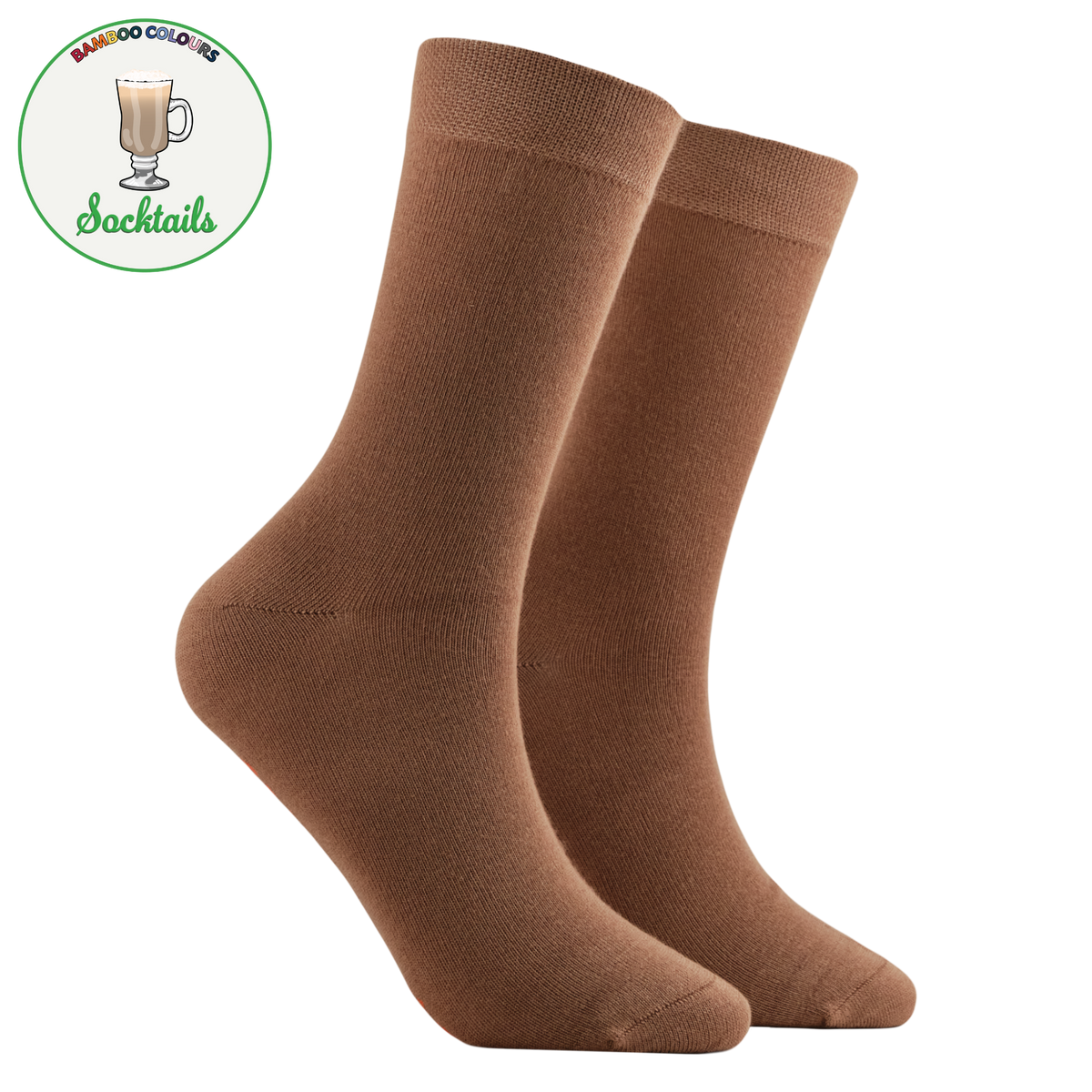 A pair of brown crew socks displayed on invisible forms against a white background, with a circular Bamboo Colors brand logo in the top-left corner.