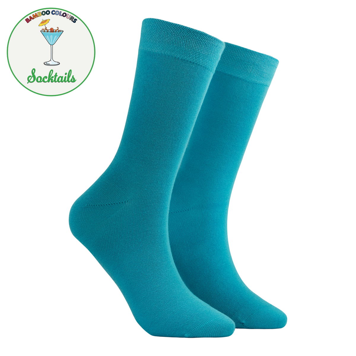 A pair of bright turquoise blue crew socks shown on a plain white background, with a circular 'Bamboo Colors Socktails' logo in the upper left corner.