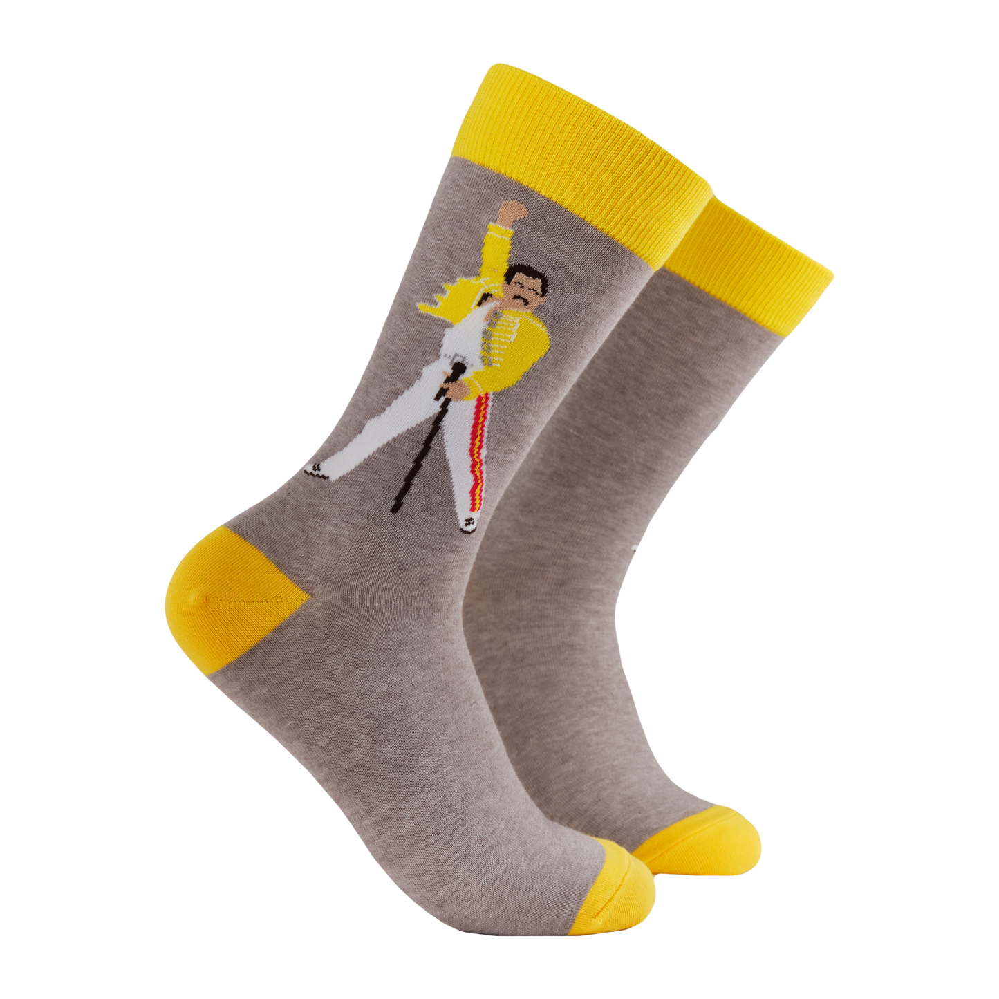 Freddie Mercury Socks - We Will Sock You!. A pair of socks featuring Freddie Mercury. Grey legs, yellow heel, toe and cuff. 