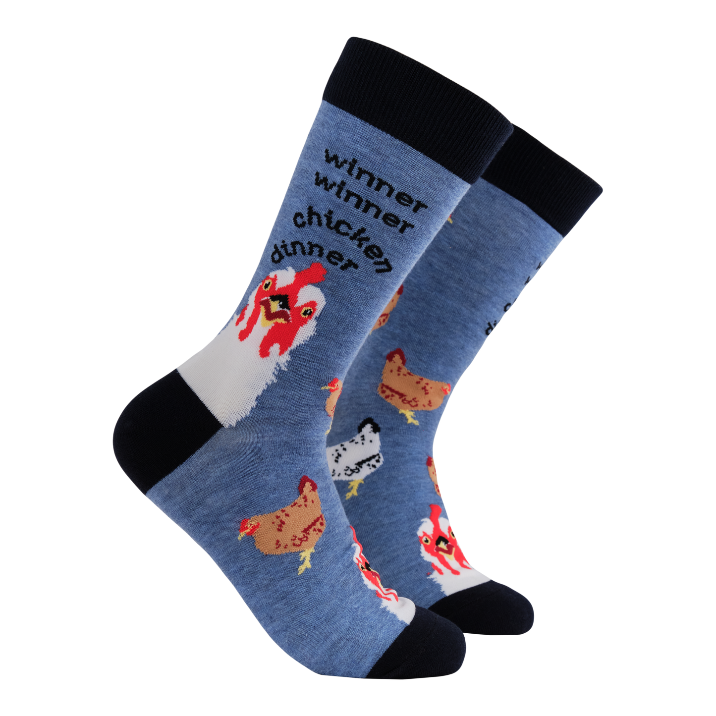 Winner Winner Chicken Dinner Socks. A pair of socks with a winning slogan. Blue legs, black heel, toe and cuff. 