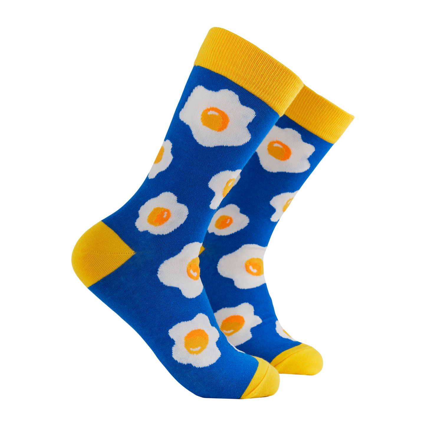 Fried Egg Socks - Yolking Around. A pair of socks featuring a fried egg motif. Blue legs, yellow heel, toe and cuff. 