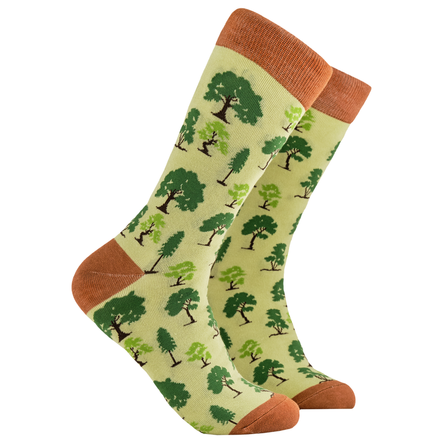 Tree Socks - You Wood Love. A pair of socks depicting British trees. Yellow legs, orange cuff, heel and toe.