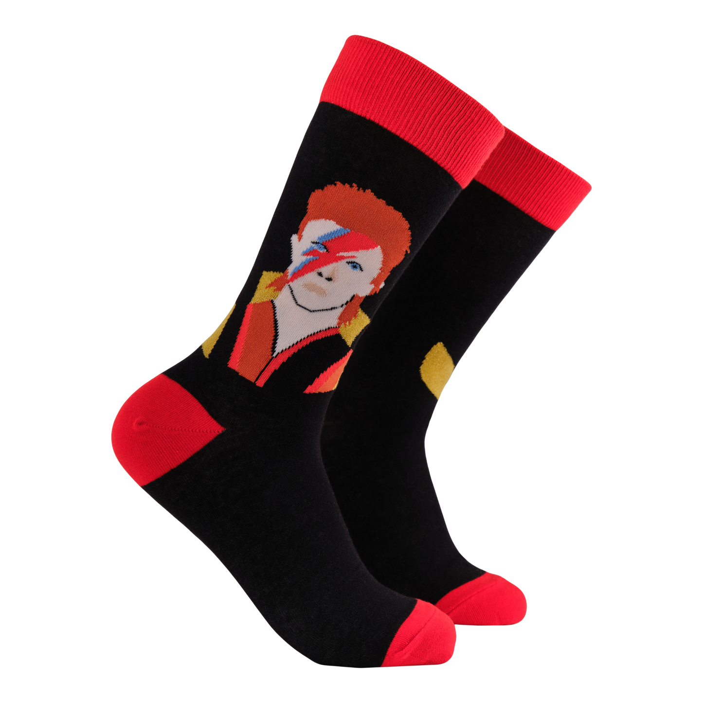 David Bowie Socks - Ziggy Sockdust. A pair of socks featuring the iconic david Bowie. Black legs, red heel, toe and cuff.
