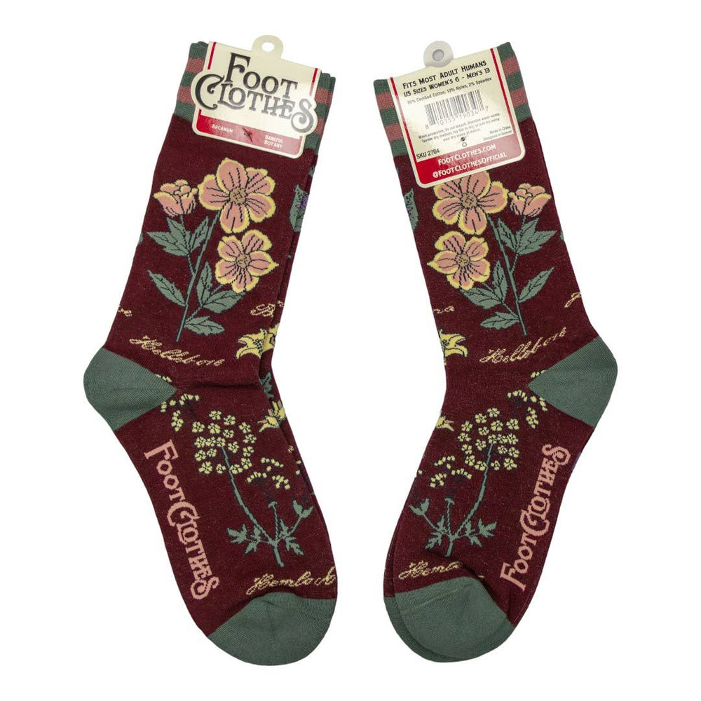 
                      
                        Baneful Botany Crew Socks. A pair of socks with a botany motif. Brown legs, green heel, toe and cuff. 
                      
                    