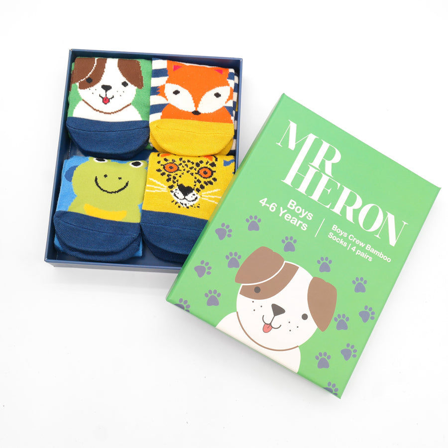 Animal Kids Bamboo Gift Box Socks - Miss Sparrow. A gift box of kids socks featuring 4 cute animal designs. 