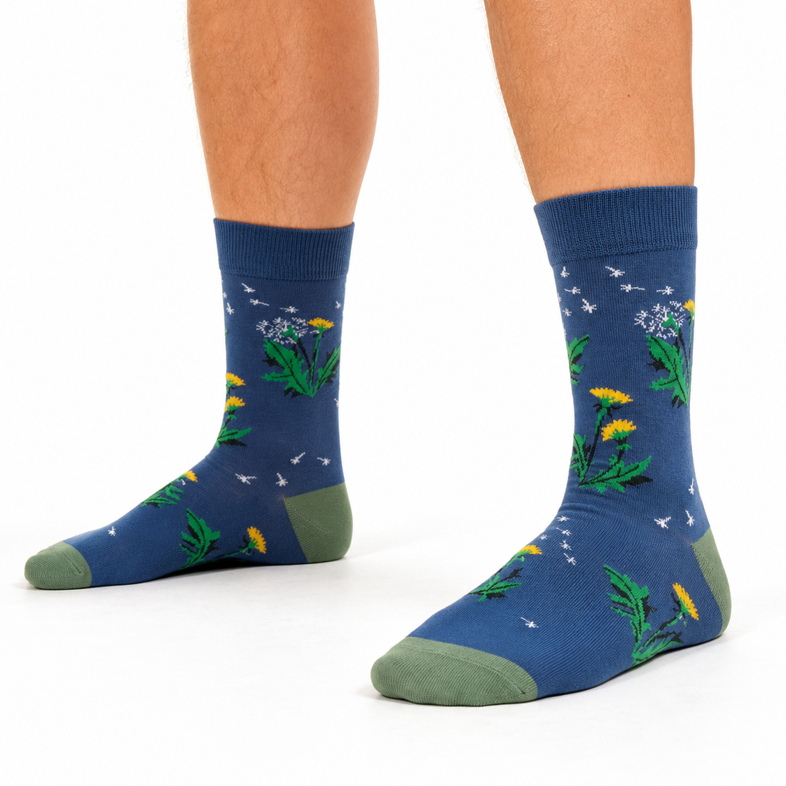 A pair of socks featuring Dandelion and Burdock on a blue background. 