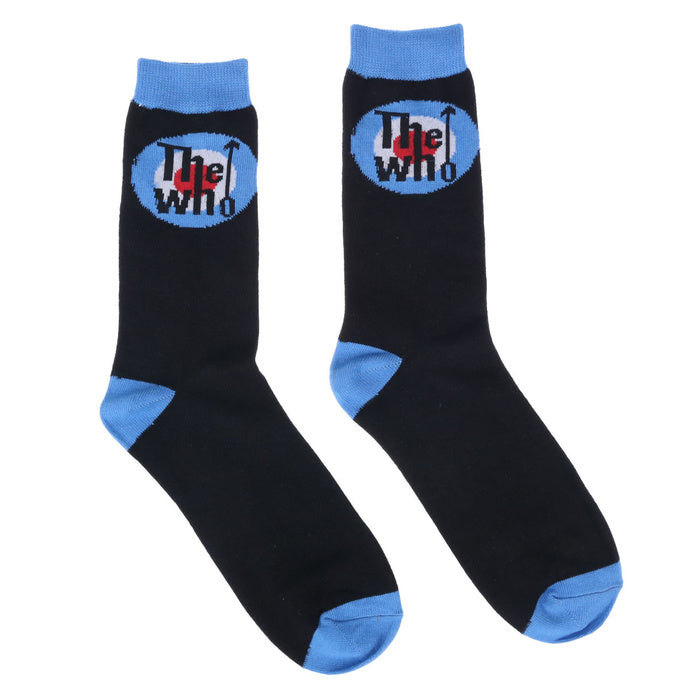 The Who Socks. A pair of black socks featuring The Who logo. Blue heel, toe and cuff. 