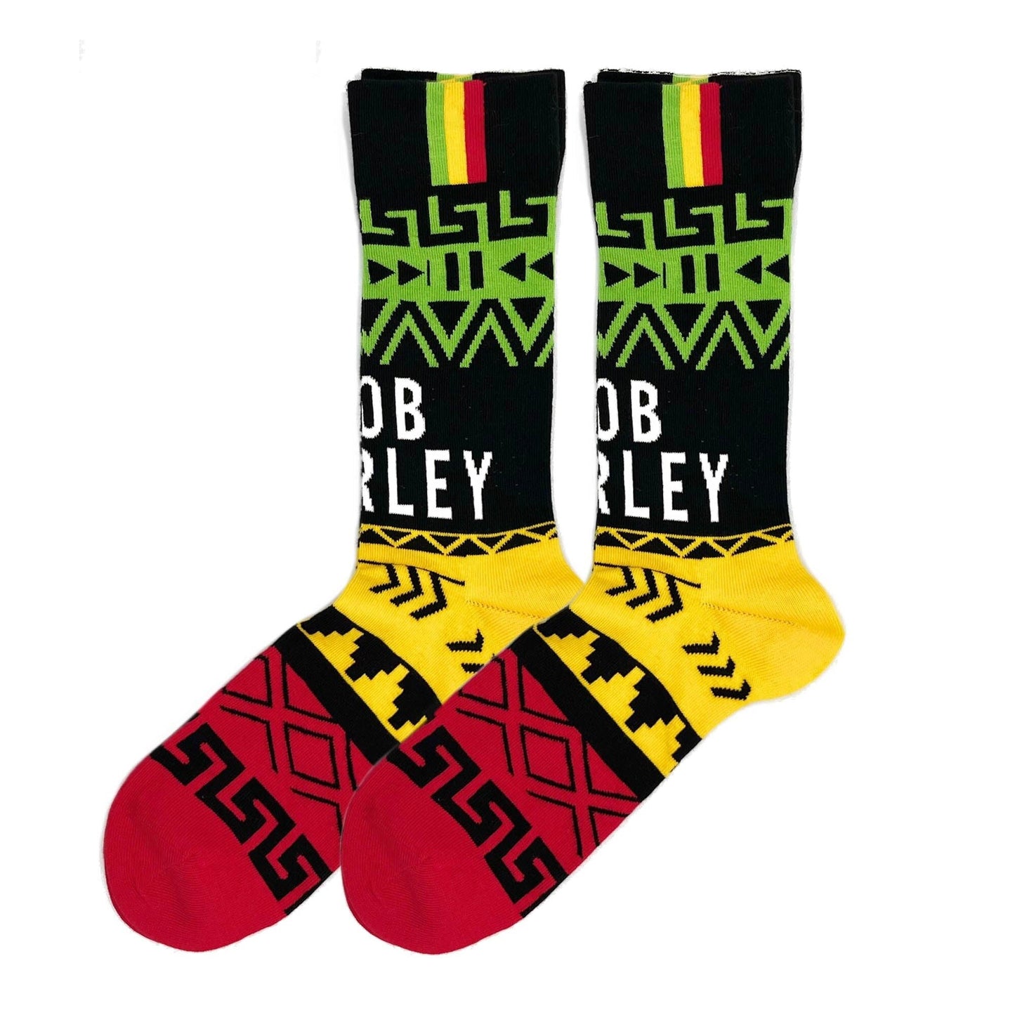 Bob Marley Press Play Socks. A pair of socks featuring a rasta pattern and the words Bob Marley on the legs. 