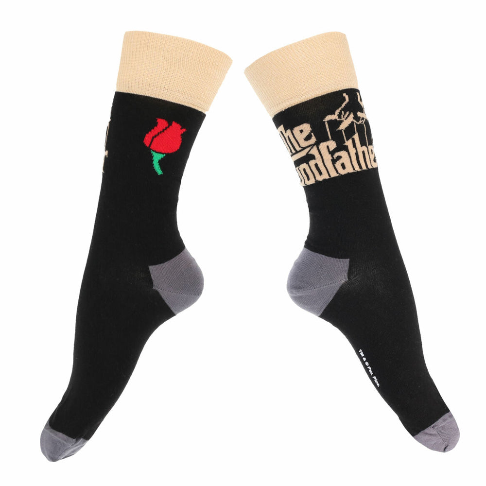 
                      
                        A pair of socks with The Godfather Logo. Black legs, grey heeland toe. 
                      
                    