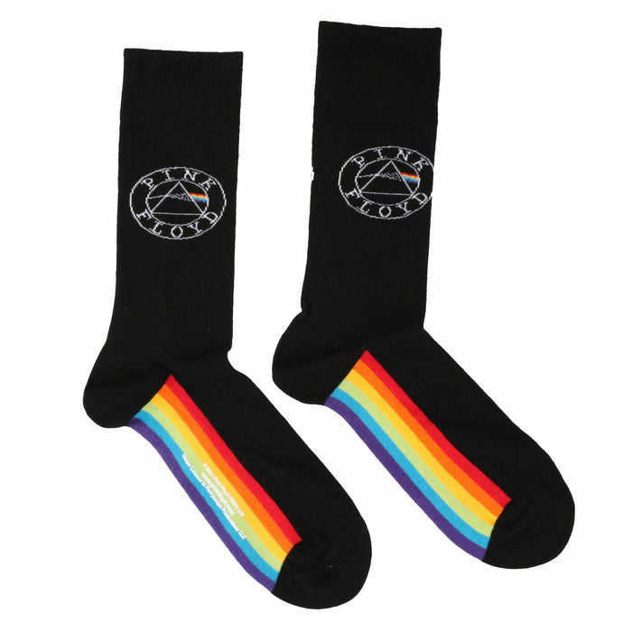Pink Floyd Spectrum Socks. A pair of black socks with the pink floyd logo and the spectrum on the sole. 